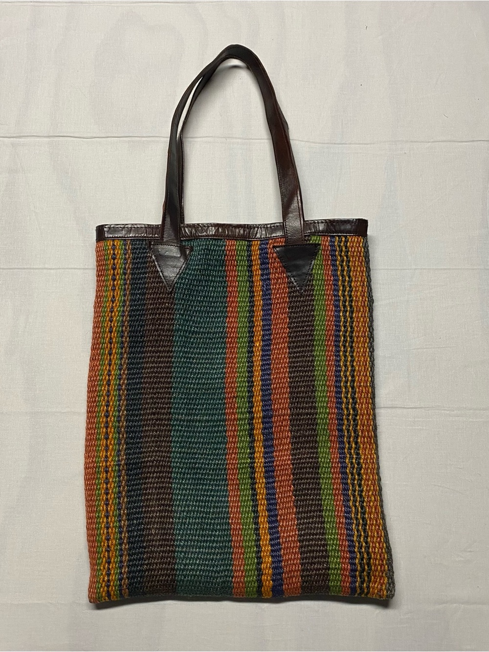 Striped Woven Tote with Brown Leather Handles